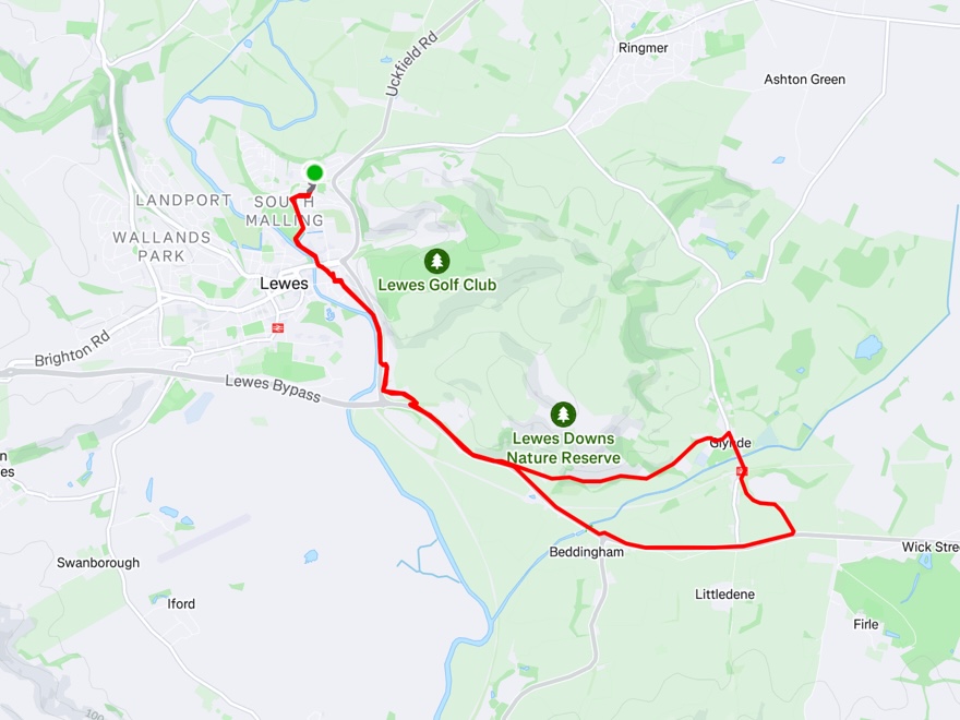 A map with a GPS line tracking a route made on a bicycle