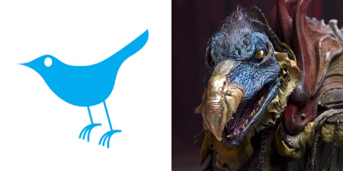 The original Twitter logo of a blue bird alongside an evil and ugly Skeksis from the Dark Crystal.